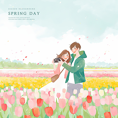 PSD 커플 여자 남자 꽃잎 데이트 일러스트 하늘 사랑 웃음 들기 성인 두명 카메라 봄 튤립 크로스백 감성 꽃구경 성인만 국내일러스트 계절 꽃 감정 컨셉 가방 관계 모션 표정 사람 전자제품 파일형식
