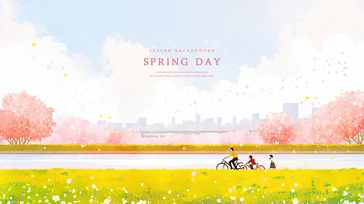 PSD 구름 공원 여자 남자 꽃잎 어린이 꽃밭 일러스트 가족 하늘 소녀 소년 잔디 성인 세명 강 달리기 자전거 봄 도시 벚나무 감성 꽃구경 흩날리기 국내일러스트 자연요소 나무 식물 계절 공공시설 꽃 컨셉 관계 모션 사람 바이크 벚꽃 파일형식