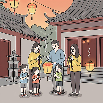 JPG 전신 여자 남자 어린이 불교 일러스트 가족 서기 들기 소녀 소년 여러명 성인 부처님오신날 사찰 석탑 연등 손모으기 향초 숄더백 연등행사 국내일러스트 AI일러스트 AI콘텐츠 기념일 종교 다수 가방 초 관계 종교건축 모션 사람 손짓 이벤트 탑 등불 불교용품 파일형식