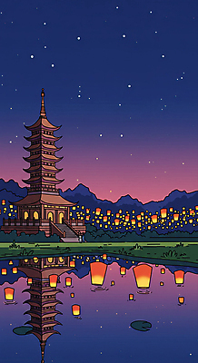 JPG 호수 불교 일러스트 밤하늘 잔디 사람없음 반사 부처님오신날 사찰 연잎 연등 연등행사 산맥 국내일러스트 AI일러스트 AI콘텐츠 식물 기념일 종교 잎 종교건축 하늘 산 이벤트 등불 야간 불교용품 파일형식