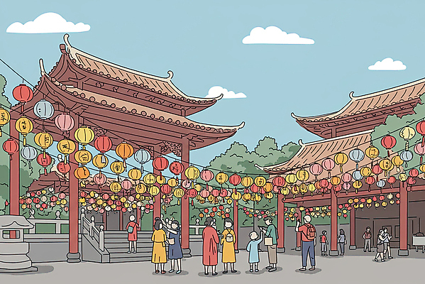 JPG 전신 나무 구름 여자 남자 어린이 불교 가방 일러스트 하늘 들기 소년 여러명 성인 걷기 부처님오신날 사찰 군중 연등 연등행사 국내일러스트 AI일러스트 AI콘텐츠 자연요소 식물 잡화 기념일 종교 다수 종교건축 모션 사람 이벤트 등불 불교용품 파일형식