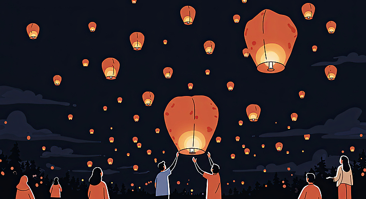 JPG 전신 여자 남자 불교 일러스트 밤하늘 여러명 상반신 성인 손들기 부처님오신날 군중 연등 연등행사 성인만 국내일러스트 AI일러스트 AI콘텐츠 기념일 종교 다수 모션 하늘 사람 이벤트 등불 야간 불교용품 파일형식