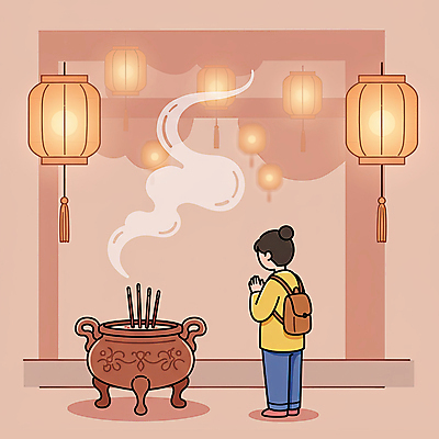 JPG 전신 여자 불교 일러스트 한명 성인 뒷모습 부처님오신날 사찰 연기 연등 백팩 손모으기 향초 합장 향로 성인여자한명만 국내일러스트 AI일러스트 AI콘텐츠 1 기념일 종교 뷰포인트 가방 초 종교건축 사람 손짓 등불 불교용품 여자한명만 성인여자만 파일형식