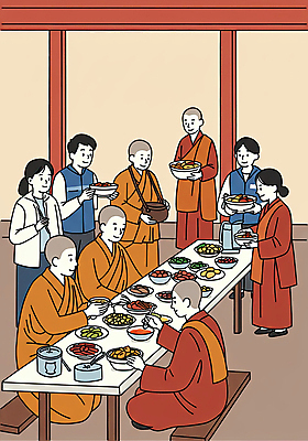 JPG 전신 그릇 접시 여자 남자 의자 일러스트 수저 들기 앉기 여러명 성인 식사 부처님오신날 사찰 항아리 자원봉사자 승려 책상 승복 목주 성인만 사찰음식 국내일러스트 AI일러스트 AI콘텐츠 식기 기념일 음식 가구 다수 불교 종교건축 모션 사람 도자기 성직자 파일형식