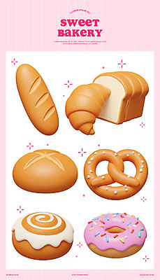 PSD 편집이미지 분홍색 사람없음 반짝임 3D 도넛 바게트 크루아상 롤빵 모카빵 엘리먼트 스프링클 브레첼 시나몬롤 편집3D 빵 컬러 모션 디저트 장식 디지털합성 시나몬 파일형식