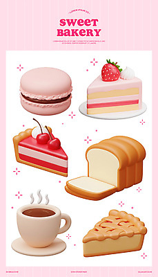 PSD 편집이미지 접시 분홍색 사람없음 반짝임 3D 조각케이크 커피잔 컵받침 식빵 마카롱 딸기케이크 엘리먼트 체리파이 편집3D 식기 커피 빵 컬러 모션 딸기 디저트 잔 케이크 받침대 디지털합성 파이_빵 파일형식