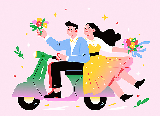 전신 커플 여자 남자 행복 리본 분홍색 꽃다발 일러스트 사랑 미소 들기 성인 두명 반짝임 로맨틱 스쿠터 잡기 풀잎 승차 성인만 국내일러스트 AI파일 꽃 감정 컬러 컨셉 잎 관계 모션 표정 사람 오토바이 풀_식물 파일형식 벡터