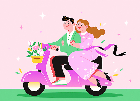 전신 커플 여자 남자 행복 리본 분홍색 일러스트 안기 사랑 미소 성인 두명 반짝임 로맨틱 스쿠터 승차 꽃바구니 성인만 국내일러스트 AI파일 꽃 감정 컬러 컨셉 관계 모션 표정 사람 바구니 오토바이 파일형식 벡터