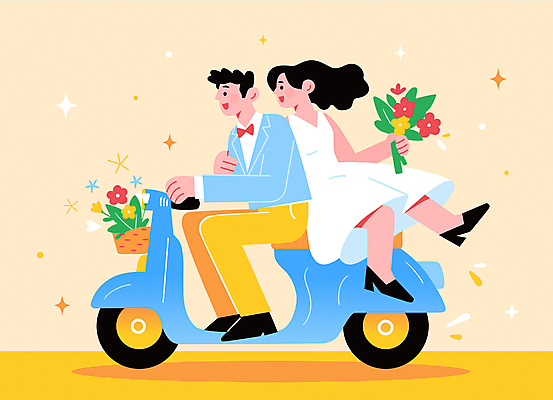 전신 여자 남자 행복 꽃다발 웨딩드레스 결혼 일러스트 안기 나비넥타이 사랑 미소 들기 정장 성인 두명 반짝임 노란색 로맨틱 스쿠터 승차 꽃바구니 신랑신부 성인만 국내일러스트 AI파일 드레스 옷 꽃 감정 신부_웨딩 컬러 신랑 컨셉 모션 넥타이 표정 사람 이벤트 바구니 오토바이 파일형식 벡터