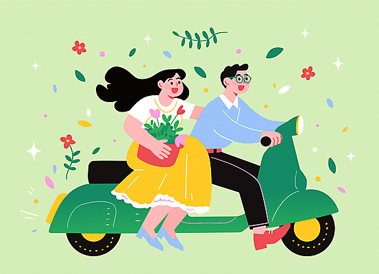 전신 커플 여자 남자 행복 일러스트 사랑 미소 들기 성인 두명 초록색 반짝임 로맨틱 스쿠터 잡기 풀잎 승차 꽃바구니 성인만 안경낌 국내일러스트 AI파일 꽃 감정 안경 컬러 컨셉 잎 관계 모션 표정 사람 바구니 오토바이 풀_식물 파일형식 벡터