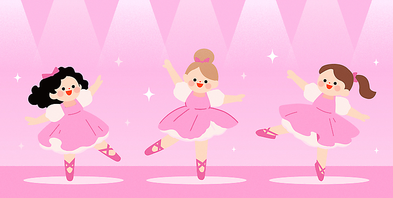 전신 여자 리본 어린이 분홍색 일러스트 미소 소녀 세명 반짝임 손들기 공연 무대 발레리나 스포트라이트 다리들기 발레옷 소녀만 국내일러스트 AI파일 옷 컬러 모션 표정 사람 이벤트 발레 여자만 어린이만 파일형식 벡터