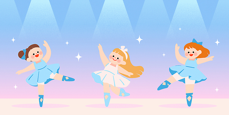 전신 여자 리본 어린이 하늘색 일러스트 미소 소녀 세명 반짝임 손들기 공연 무대 발레리나 스포트라이트 다리들기 발레옷 소녀만 국내일러스트 AI파일 옷 모션 표정 사람 이벤트 파란색 발레 여자만 어린이만 파일형식 벡터