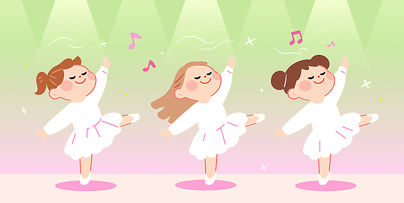 전신 여자 리본 어린이 분홍색 음표 일러스트 미소 소녀 세명 연두색 반짝임 손들기 눈감음 공연 무대 발레리나 스포트라이트 다리들기 발레옷 소녀만 국내일러스트 AI파일 기호 옷 음악 컬러 모션 표정 사람 이벤트 초록색 발레 여자만 어린이만 파일형식 벡터