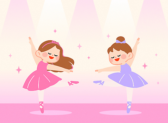 전신 여자 리본 어린이 분홍색 일러스트 미소 소녀 두명 반짝임 손들기 눈감음 공연 무대 발레리나 스포트라이트 다리들기 발레옷 소녀만 국내일러스트 AI파일 옷 컬러 모션 표정 사람 이벤트 발레 여자만 어린이만 파일형식 벡터