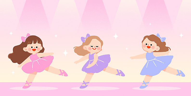 전신 여자 리본 어린이 분홍색 일러스트 미소 소녀 세명 반짝임 손들기 눈감음 공연 무대 발레리나 스포트라이트 다리들기 발레옷 소녀만 국내일러스트 AI파일 옷 컬러 모션 표정 사람 이벤트 발레 여자만 어린이만 파일형식 벡터