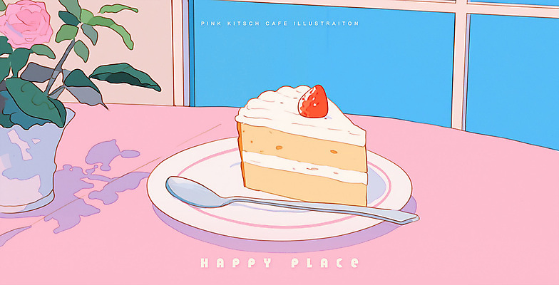 PSD 접시 분홍색 일러스트 창문 탁자 그림자 사람없음 숟가락 꽃병 카페 빈티지 조각케이크 팬시 딸기케이크 시티팝 국내일러스트 식기 꽃 컬러 가구 컨셉 딸기 수저 케이크 상점 파일형식