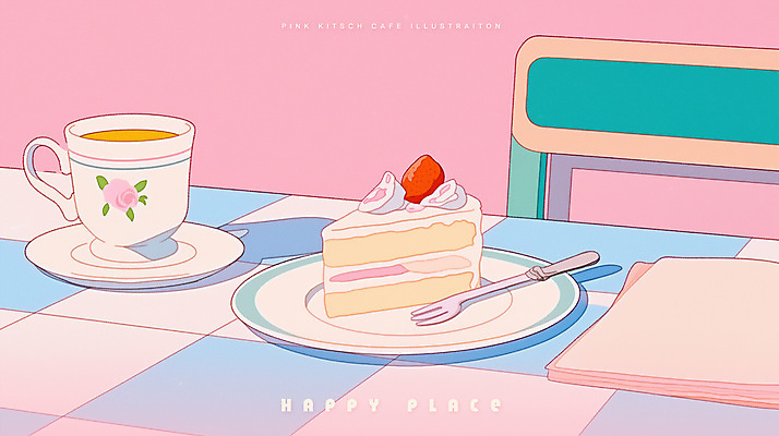 PSD 접시 분홍색 포크 의자 일러스트 탁자 사람없음 카페 빈티지 조각케이크 커피잔 컵받침 냅킨 팬시 딸기케이크 시티팝 국내일러스트 식기 커피 컬러 가구 컨셉 딸기 잔 케이크 상점 받침대 파일형식