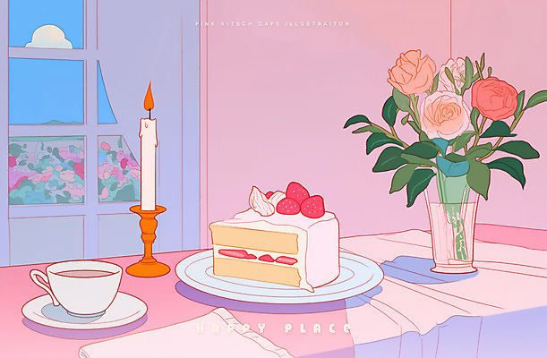 PSD 접시 분홍색 일러스트 창문 식탁 탁자 사람없음 꽃병 카페 빈티지 조각케이크 커피잔 컵받침 촛대 팬시 딸기케이크 시티팝 국내일러스트 식기 꽃 커피 컬러 가구 컨셉 딸기 잔 케이크 상점 받침대 파일형식