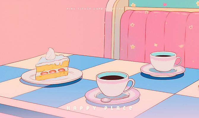 PSD 접시 분홍색 일러스트 탁자 사람없음 카페 빈티지 조각케이크 커피잔 티스푼 컵받침 체크무늬 팬시 딸기케이크 시티팝 국내일러스트 식기 커피 컬러 가구 컨셉 무늬 딸기 잔 케이크 상점 숟가락 받침대 파일형식