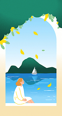 여자 물결 바다 섬 일러스트 나뭇잎 한명 미소 앉기 풍경 성인 반사 나룻배 아치 성인여자한명만 국내일러스트 AI파일 1 잎 배_교통 모션 표정 사람 여자한명만 성인여자만 파일형식 벡터