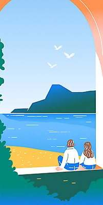 커플 여자 남자 물결 바다 섬 일러스트 조류 사랑 앉기 풍경 성인 두명 풀 아치 성인만 국내일러스트 AI파일 식물 동물 감정 관계 모션 사람 파일형식 벡터