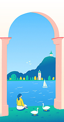 나무 여자 물결 바다 섬 일러스트 조류 오리 한명 앉기 풍경 잔디 성인 건물 나룻배 아치 성인여자한명만 국내일러스트 AI파일 식물 동물 1 건축물 배_교통 모션 사람 여자한명만 성인여자만 파일형식 벡터