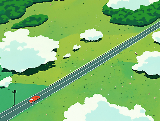 JPG 나무 구름 도로 가로등 일러스트 자동차 풍경 초원 사람없음 연두색 울타리 감성 국내일러스트 AI일러스트 AI콘텐츠 자연요소 식물 공공시설 길 육상교통 컨셉 교통시설 초록색 담장 파일형식