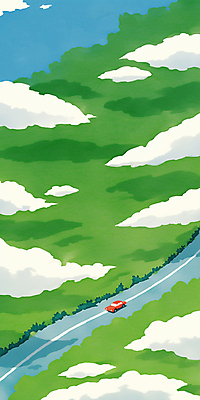 JPG 구름 도로 바다 일러스트 자동차 풍경 초원 사람없음 연두색 감성 국내일러스트 AI일러스트 AI콘텐츠 자연요소 길 육상교통 컨셉 교통시설 초록색 파일형식