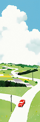 JPG 나무 구름 도로 가로등 일러스트 자동차 하늘 풍경 초원 사람없음 연두색 숲 언덕 감성 국내일러스트 AI일러스트 AI콘텐츠 자연요소 식물 공공시설 길 육상교통 컨셉 교통시설 초록색 파일형식