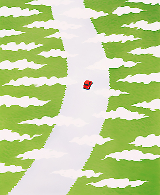 JPG 구름 도로 일러스트 자동차 풍경 초원 사람없음 연두색 감성 국내일러스트 AI일러스트 AI콘텐츠 자연요소 길 육상교통 컨셉 교통시설 초록색 파일형식