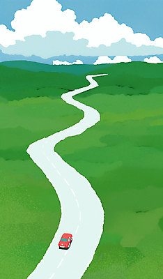 JPG 구름 도로 일러스트 자동차 하늘 풍경 초원 사람없음 연두색 감성 국내일러스트 AI일러스트 AI콘텐츠 자연요소 길 육상교통 컨셉 교통시설 초록색 파일형식