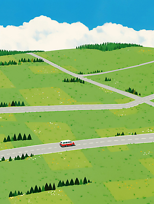 JPG 나무 구름 도로 일러스트 자동차 하늘 풍경 초원 사람없음 연두색 언덕 감성 국내일러스트 AI일러스트 AI콘텐츠 자연요소 식물 길 육상교통 컨셉 교통시설 초록색 파일형식