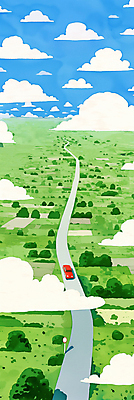 JPG 나무 구름 도로 일러스트 자동차 하늘 풍경 초원 사람없음 연두색 표지판 감성 국내일러스트 AI일러스트 AI콘텐츠 자연요소 식물 길 육상교통 컨셉 교통시설 알림판 초록색 파일형식