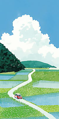 JPG 구름 길 일러스트 자동차 하늘 산 논 풍경 초원 사람없음 연두색 감성 국내일러스트 AI일러스트 AI콘텐츠 자연요소 육상교통 컨셉 농업 초록색 파일형식