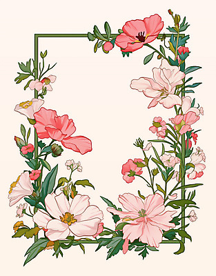 PSD 분홍색 일러스트 봄꽃 사각프레임 사람없음 빈티지 풀잎 꽃봉오리 꽃프레임 국내일러스트 꽃 컬러 컨셉 잎 프레임 사각형 봄 풀_식물 파일형식