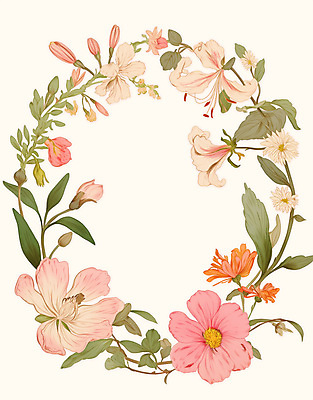 PSD 분홍색 일러스트 봄꽃 사람없음 빈티지 풀잎 꽃봉오리 원형프레임 꽃프레임 국내일러스트 꽃 컬러 컨셉 잎 프레임 봄 원형 풀_식물 파일형식