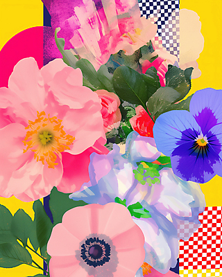 JPG 도형 편집이미지 꽃 스티커 붓터치 사람없음 컬러풀 빈티지 풀잎 복고 체크무늬 콜라주 겹침 구성 편집실사 AI컴퓨터그래픽 AI콘텐츠 식물 컬러 컨셉 잎 무늬 풀_식물 CG 파일형식