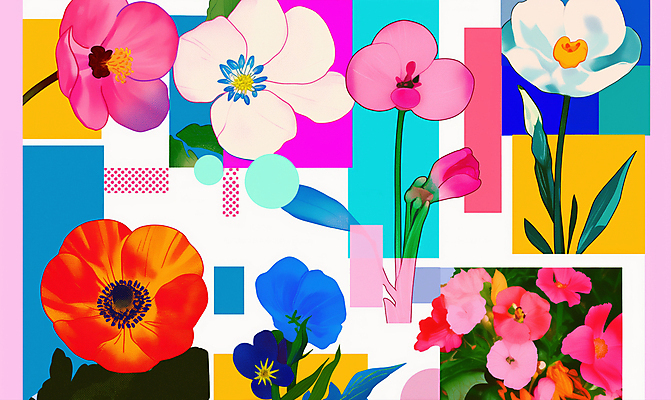 JPG 도형 편집이미지 꽃 스티커 사람없음 컬러풀 빈티지 풀잎 복고 콜라주 겹침 구성 편집실사 AI컴퓨터그래픽 AI콘텐츠 식물 컬러 컨셉 잎 풀_식물 CG 파일형식