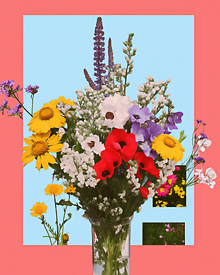 JPG 도형 편집이미지 꽃 스티커 사람없음 컬러풀 꽃병 빈티지 풀잎 복고 콜라주 겹침 구성 편집실사 AI컴퓨터그래픽 AI콘텐츠 식물 컬러 컨셉 잎 풀_식물 CG 파일형식