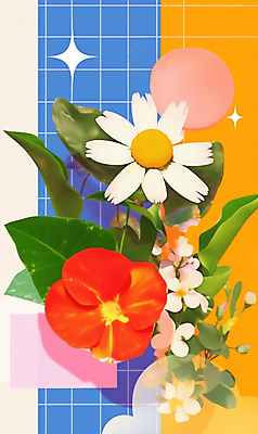 JPG 도형 편집이미지 꽃 스티커 사람없음 반짝임 컬러풀 빈티지 풀잎 복고 격자 콜라주 겹침 구성 편집실사 AI컴퓨터그래픽 AI콘텐츠 식물 컬러 컨셉 잎 무늬 모션 풀_식물 CG 파일형식