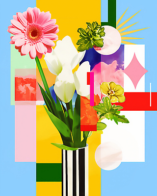 JPG 도형 편집이미지 꽃 스티커 사람없음 컬러풀 꽃병 빈티지 풀잎 복고 콜라주 겹침 구성 편집실사 AI컴퓨터그래픽 AI콘텐츠 식물 컬러 컨셉 잎 풀_식물 CG 파일형식