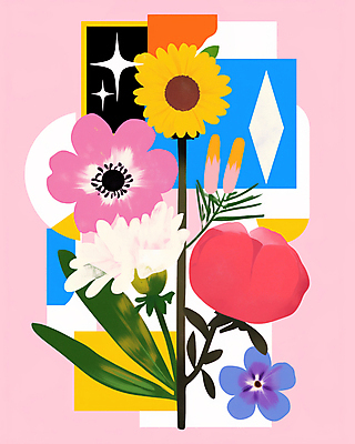 JPG 도형 편집이미지 꽃 스티커 사람없음 반짝임 컬러풀 빈티지 풀잎 복고 콜라주 겹침 구성 편집실사 AI컴퓨터그래픽 AI콘텐츠 식물 컬러 컨셉 잎 모션 풀_식물 CG 파일형식