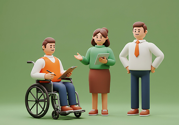 JPG 전신 편집이미지 여자 남자 허리손 회의 커뮤니케이션 3D캐릭터 대화 서기 미소 웃음 들기 앉기 정장 성인 세명 초록색 태블릿 펜 3D 가리킴 장애인 비즈니스캐릭터 휠체어 서류판 성인만 편집3D AI컴퓨터그래픽 AI콘텐츠 캐릭터 옷 컬러 포즈 비즈니스 모션 표정 말하기 사람 손짓 전자제품 스마트기기 필기구 사무용품 디지털합성 장애 파일형식