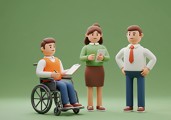 JPG 전신 편집이미지 여자 남자 허리손 회의 커뮤니케이션 3D캐릭터 대화 서기 미소 웃음 들기 앉기 정장 성인 세명 초록색 태블릿 펜 3D 손들기 장애인 비즈니스캐릭터 휠체어 서류판 성인만 편집3D AI컴퓨터그래픽 AI콘텐츠 캐릭터 옷 컬러 포즈 비즈니스 모션 표정 말하기 사람 전자제품 스마트기기 필기구 사무용품 디지털합성 장애 파일형식