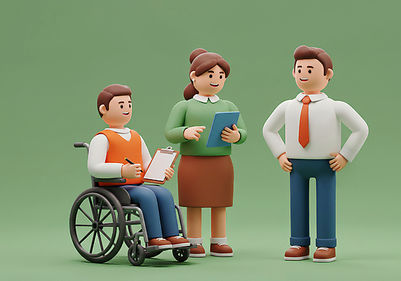 JPG 전신 편집이미지 여자 남자 허리손 회의 커뮤니케이션 3D캐릭터 대화 서기 미소 웃음 들기 앉기 정장 성인 세명 초록색 태블릿 펜 3D 손들기 장애인 비즈니스캐릭터 휠체어 서류판 성인만 편집3D AI컴퓨터그래픽 AI콘텐츠 캐릭터 옷 컬러 포즈 비즈니스 모션 표정 말하기 사람 전자제품 스마트기기 필기구 사무용품 디지털합성 장애 파일형식