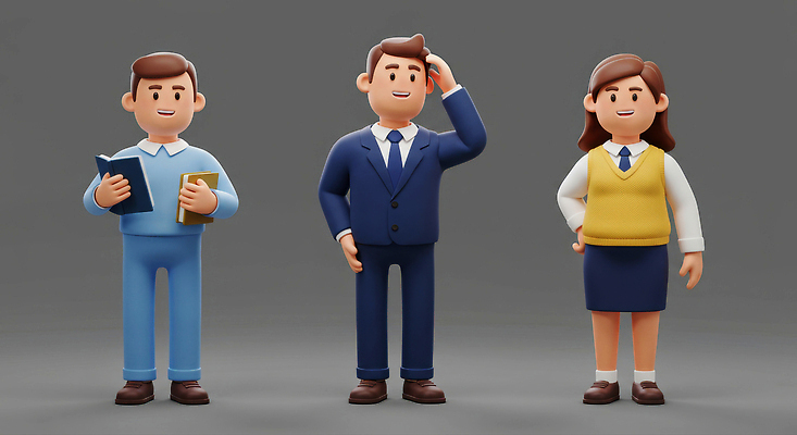 JPG 전신 편집이미지 여자 남자 허리손 3D캐릭터 서기 미소 들기 정장 성인 책 세명 회색 비즈니스맨 비즈니스우먼 비즈니스캐릭터 동료 성인만 머리긁기 편집3D AI컴퓨터그래픽 AI콘텐츠 캐릭터 옷 컬러 포즈 비즈니스 관계 모션 표정 사람 3D 직장인 파일형식 긁기