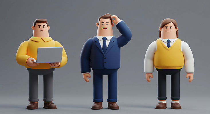 JPG 전신 편집이미지 여자 남자 3D캐릭터 서기 미소 들기 정장 성인 세명 노트북 회색 비즈니스맨 비즈니스우먼 비즈니스캐릭터 동료 성인만 머리긁기 편집3D AI컴퓨터그래픽 AI콘텐츠 캐릭터 옷 컬러 비즈니스 관계 모션 표정 사람 전자제품 3D 직장인 파일형식 긁기
