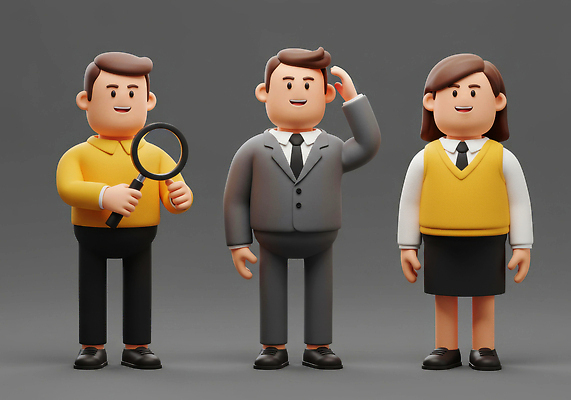 JPG 전신 편집이미지 여자 남자 돋보기 3D캐릭터 서기 미소 들기 정장 성인 세명 손들기 회색 비즈니스맨 비즈니스우먼 비즈니스캐릭터 동료 성인만 머리긁기 편집3D AI컴퓨터그래픽 AI콘텐츠 캐릭터 옷 컬러 비즈니스 관계 모션 표정 사람 3D 직장인 파일형식 긁기