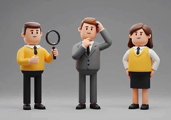 JPG 전신 편집이미지 여자 남자 허리손 돋보기 3D캐릭터 서기 미소 들기 정장 성인 세명 손들기 회색 만지기 비즈니스맨 비즈니스우먼 비즈니스캐릭터 동료 성인만 머리긁기 편집3D AI컴퓨터그래픽 AI콘텐츠 캐릭터 옷 컬러 포즈 비즈니스 관계 모션 표정 사람 3D 직장인 파일형식 긁기