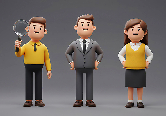 JPG 전신 편집이미지 여자 남자 허리손 돋보기 3D캐릭터 서기 미소 들기 정장 성인 세명 회색 비즈니스맨 비즈니스우먼 비즈니스캐릭터 동료 성인만 편집3D AI컴퓨터그래픽 AI콘텐츠 캐릭터 옷 컬러 포즈 비즈니스 관계 모션 표정 사람 3D 직장인 파일형식